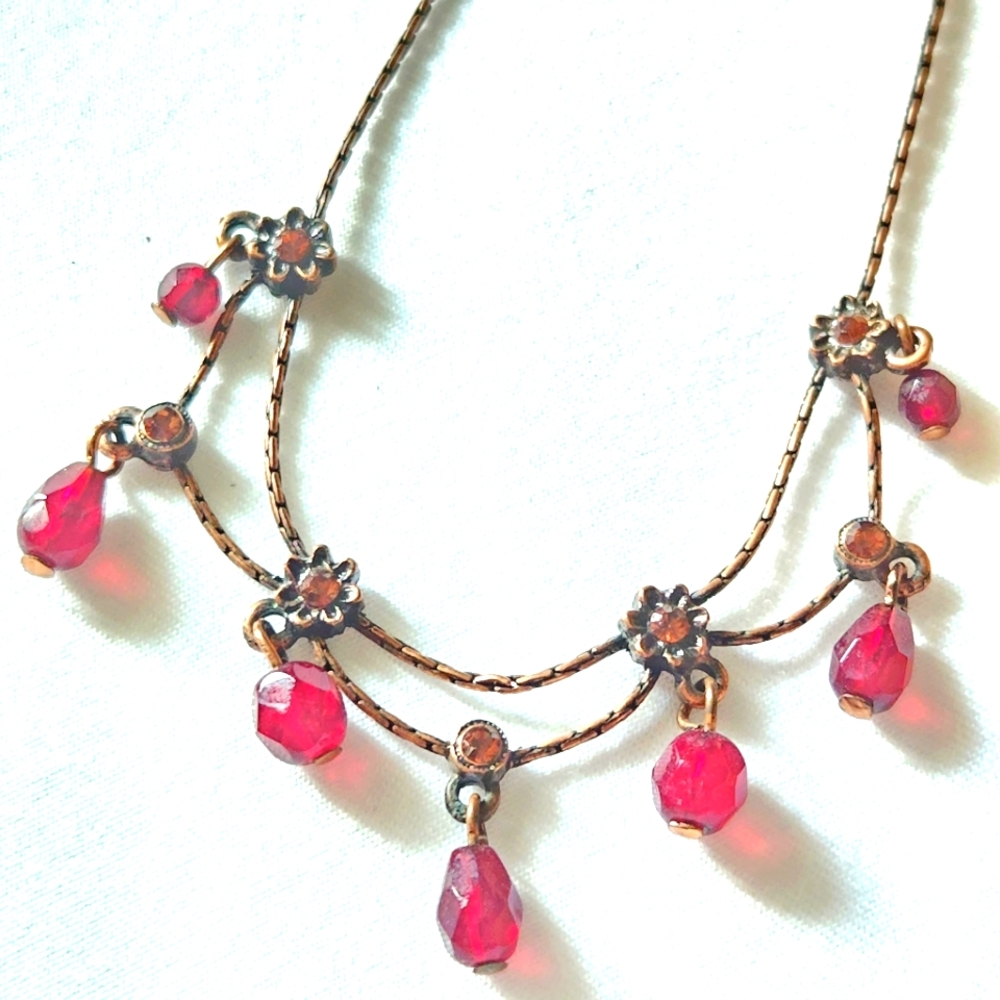 1928 Jewelry Vintage Copper Toned Red Beaded Drop Necklace
